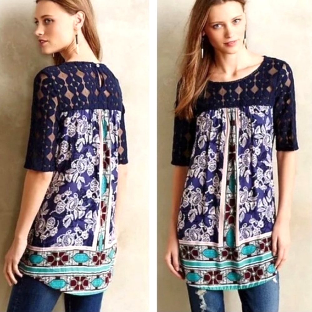Elegant Navy Blue Floral Lace Top